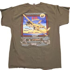 B-25 Mitchell WWII Aircraft Graphic  Army Green Military Plane Shirt Men Large